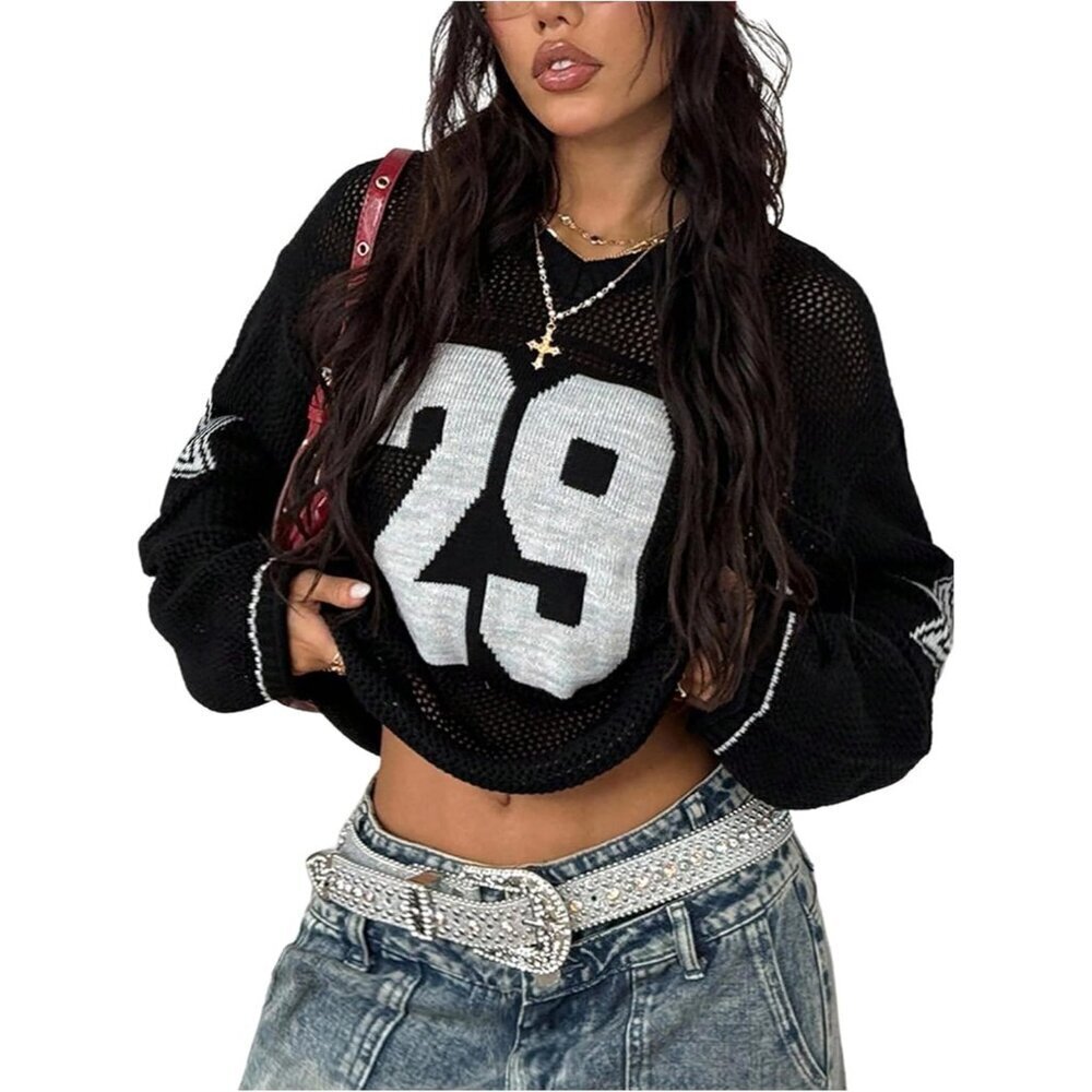 Women's Crochet Jersey Sweater Oversized V Neck Pullover Black Small